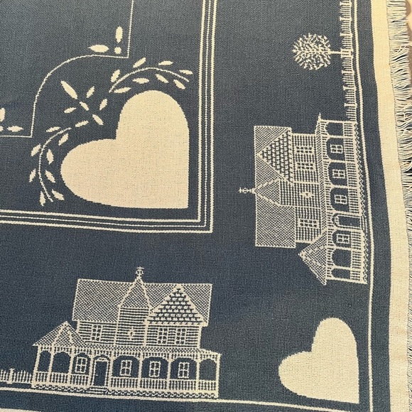 Vintage Blue & White Heart Cotton Blanket Reversible Goodwin Weavers Knit - Picture 8 of 13